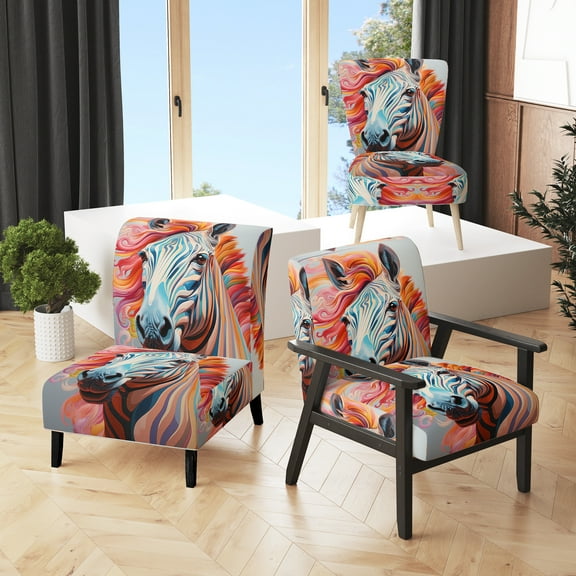 Designart "A Colorful Portrait of a Striking Zebra" Multi-Color Animals Upholstered Accent Chair - Modern Arm Chair For Bedroom