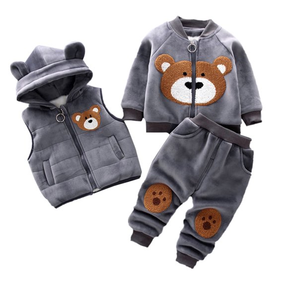 TBWNWG Boys Outfits Set - Kids Flannel 3PCS Pullover Sweatshirt Hooded Zipper Vest Pants Winter Apparel,Sizes 12-18 Months