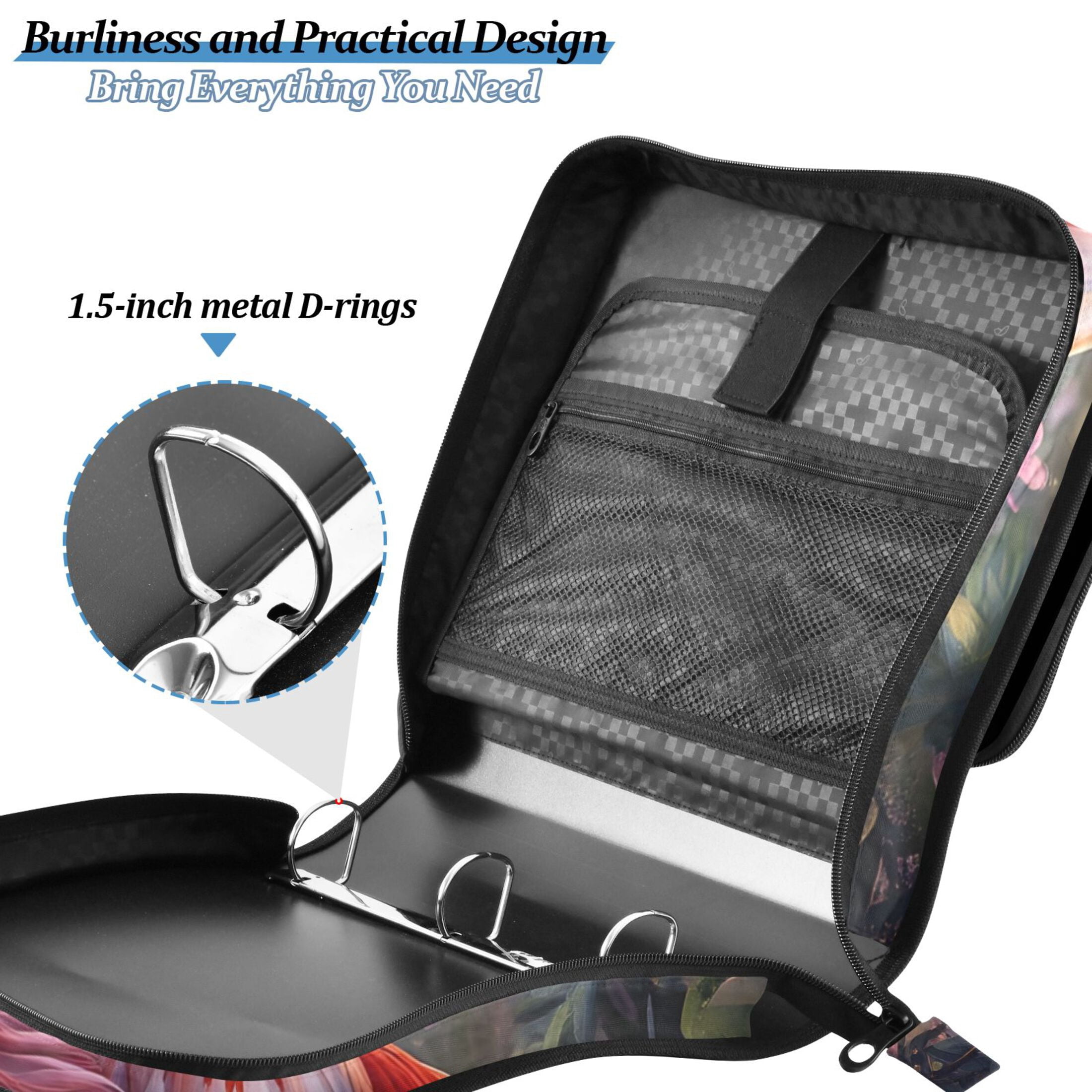 3 Ring Zipper Binder with Shoulder Strap Waterproof Trapper Keeper 2 Inch D-Ring 500 Sheets Capacity Flamingos Dance in Forest Water