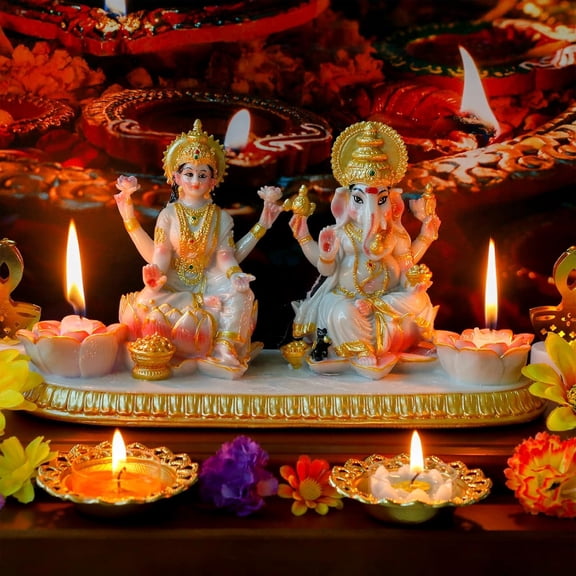 alikiki Ganesha Laxmi Statue Indian God - 5.3”H Marble Finish Indian Idol Lakshmi Ganesh Statue w/LED Diyas Diwali Gifts Diwali Decor Home Office Puja Item Hindu Altar Mandir Temple Pooja Murti
