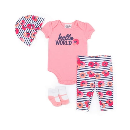 Floral Outfit Girl - Girl Floral Bodysuit, Pants, Cap & Socks, 4Pc Outfit Set