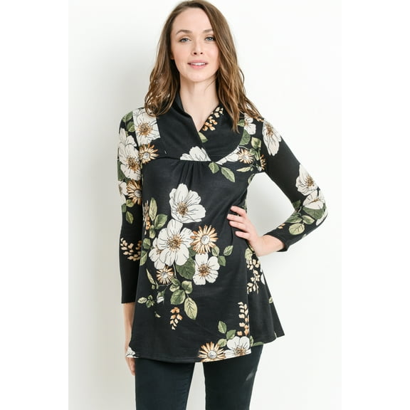 Black Floral Shawl Collar Maternity Tunic Sweater