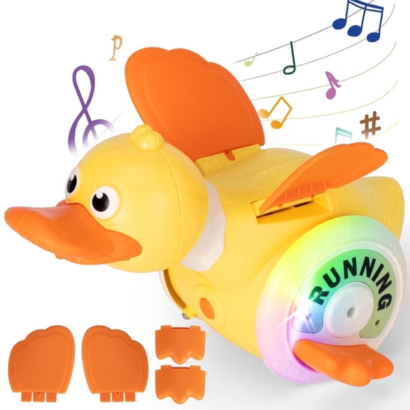 Lvelia Crawling Duck Baby Toy, Tummy Time Gifts for Toddler & Newborn, Light-Up Sound Rotating Moving Duck with Music, Infant Rechargeable Sensory Development Toy,Yellow