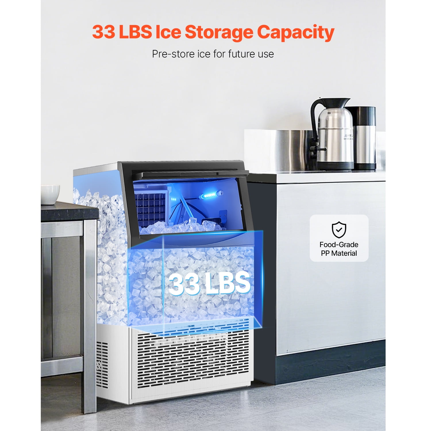 KFFKFF 90-100lbs/24H Commercial Ice Maker Machine Stainless Steel with 33lbs Storage Bins 50 Cubes Under Counter ice Machine 19 in W, 34 in H with Auto Clean