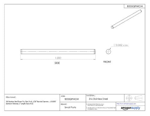 +/-0.0001 Diameter Tolerance Plain Finish 1/8 Nominal Diameter 1/4 Length Pack of 25 316 Stainless Steel Dowel Pin 