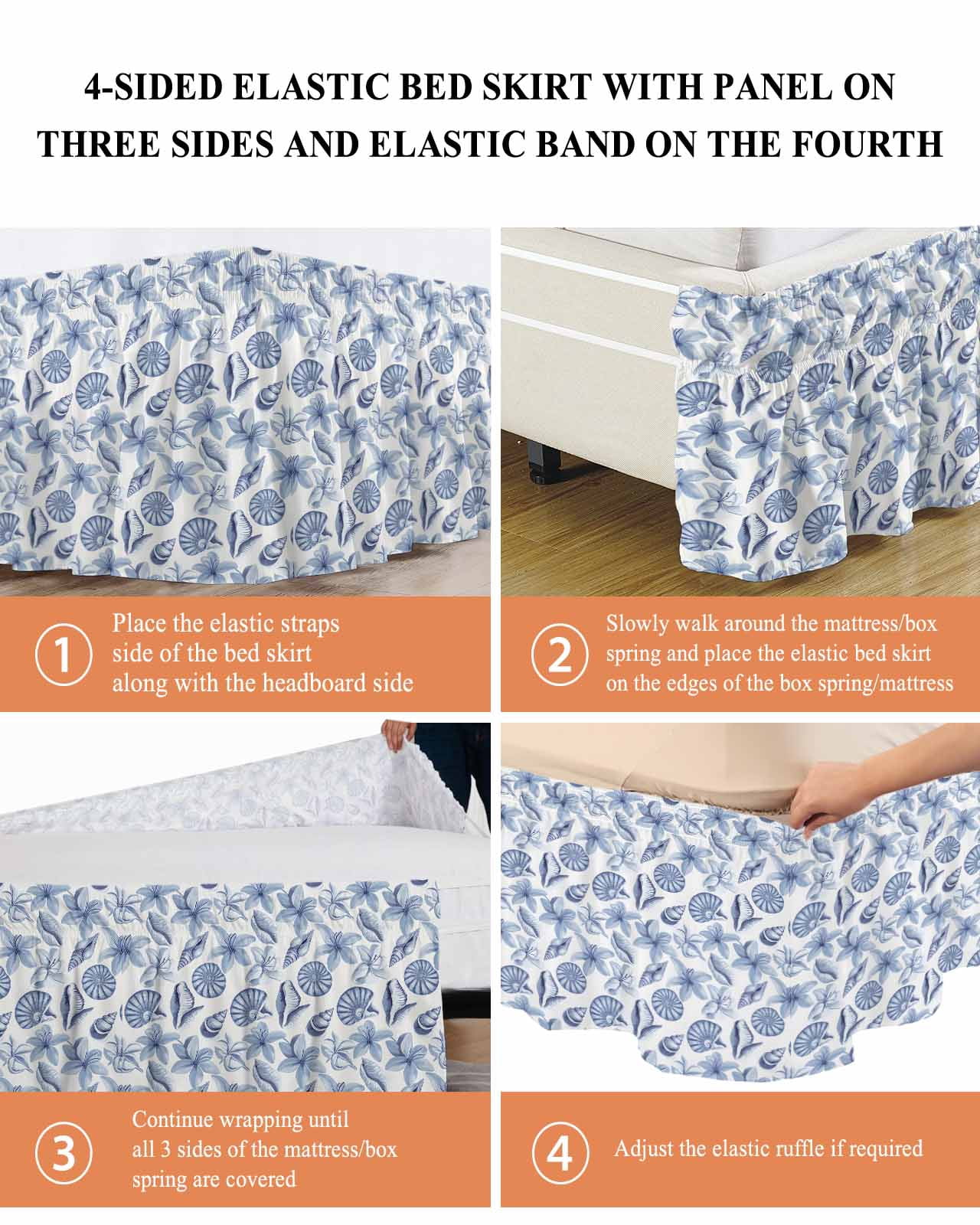 Blue Coastal Wrap Around Bed Skirts for Queen Bed 16" Drop, Bed Skirt with Adjustable Elastic Belt Dust Ruffle Bed Valance for Bedroom Hotel Luxury Shell Floral Ocean Retro Bed Frame Cover