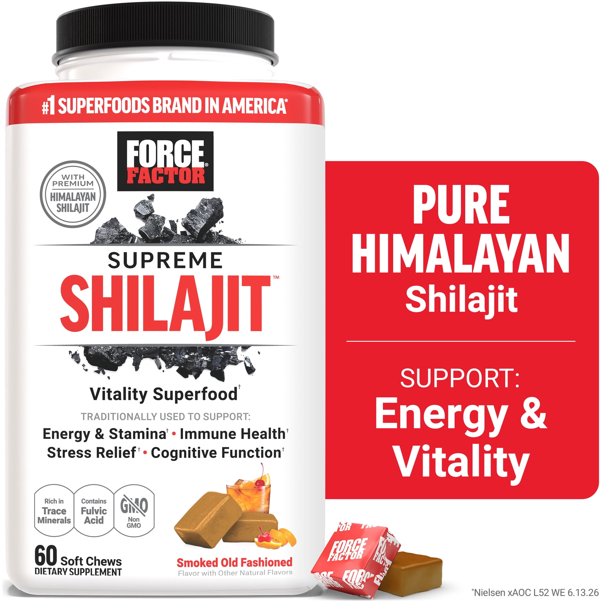 Force Factor Supreme Shilajit, Himalayan Shilajit Supplement for Energy, Stamina, Cognitive & Immune Function, Smoked Old Fashioned, 60 Soft Chews