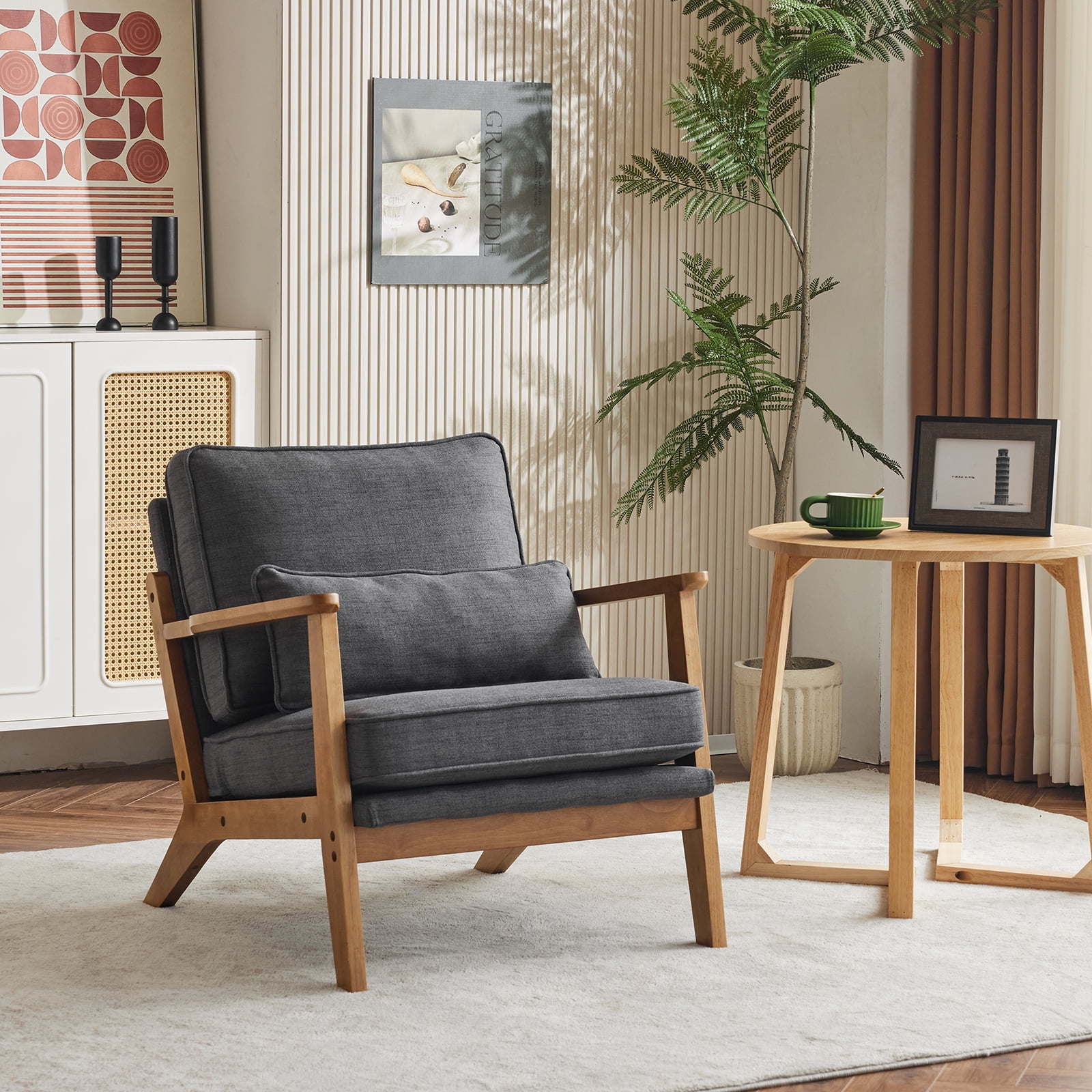 Ktaxon Accent Chair Line Fabric Upholstered Armchair, Reading Club Chair with Pillow for Living Room Bedroom Furniture Gray