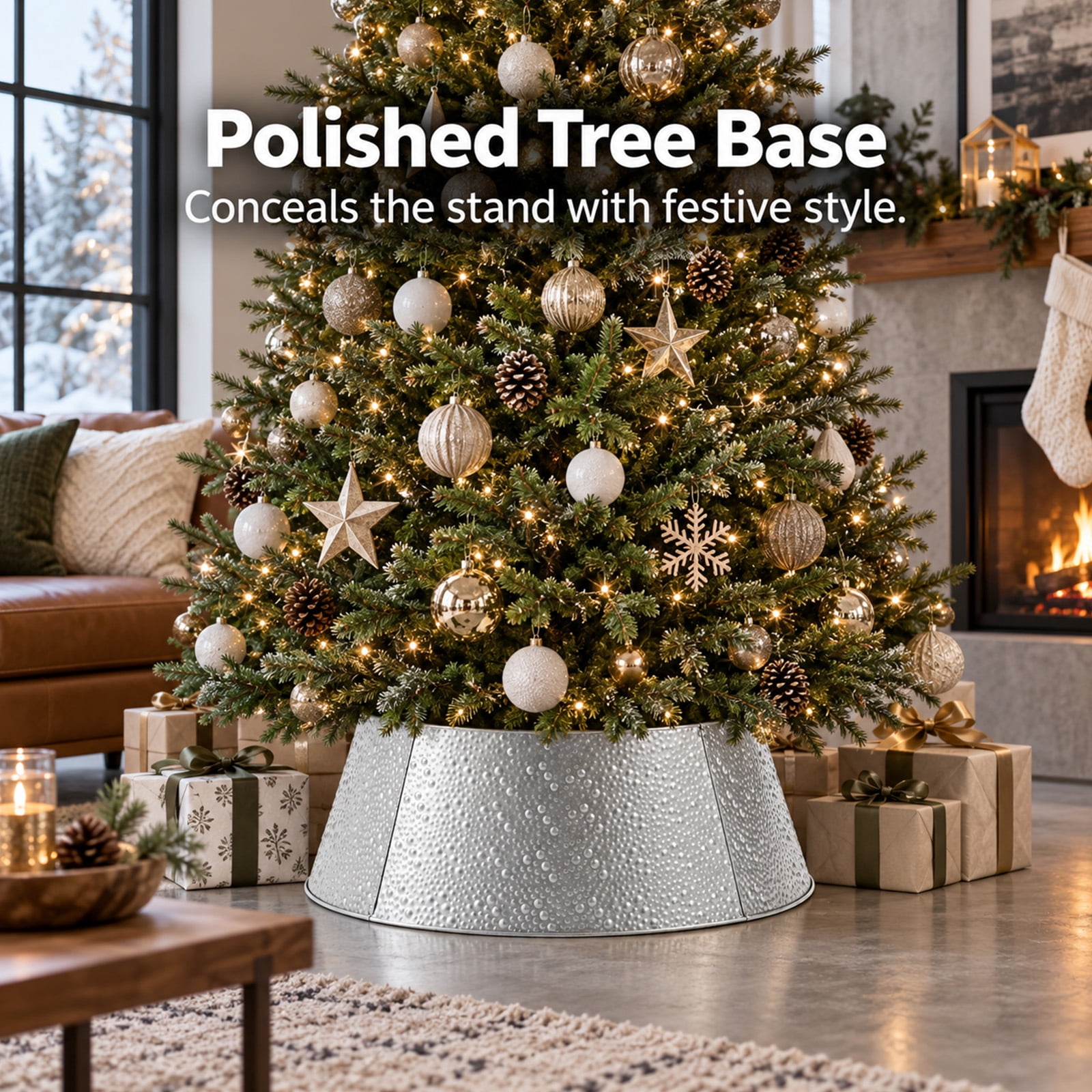 Alvantor Metal Christmas Tree Collar, Waterproof Cover, Silver, 26.57 x 22.05 x 9.45 In