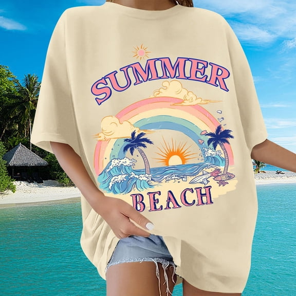 TrendOFT Beach Oversized T Shirts for Women Hawaiian Shirt Sunshine Graphic Tees Summer Vacation Tee Tops Beige L
