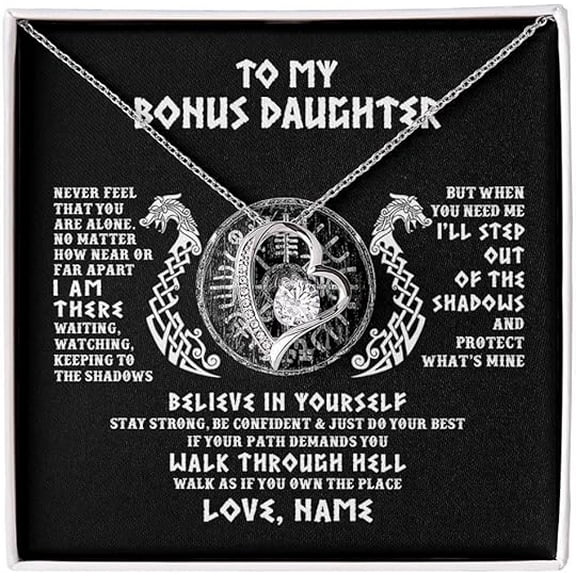 To My Bonus Daughter Necklace from Bonus Dad with Message Card and Gift Bo, Forever Love Heart Necklace Gift for Bonus Daughter, Wedding Jewelry for Bride
