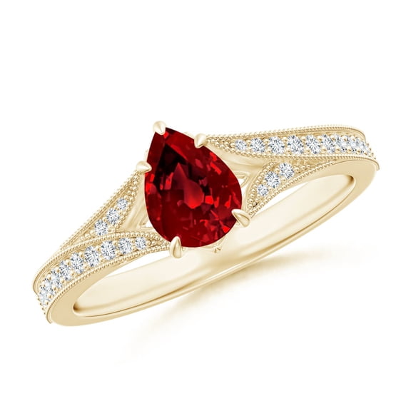 ANGARA Lab Grown Vintage Inspired Pear Ruby Split Shank Engagement Ring for Women in 14K Yellow Gold (Size-7x5mm) | July Birthstone, Anniversary, Jewelry Gift for Women | Lab-Grown Ruby Ring