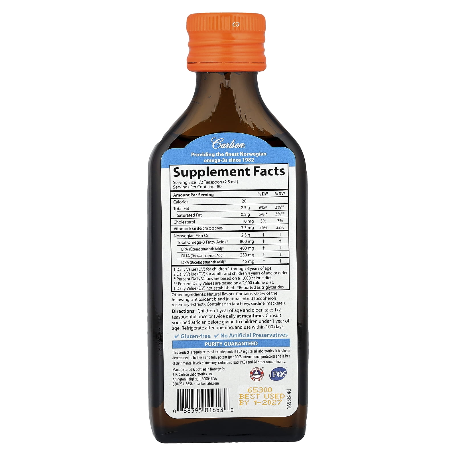 Carlson - Kid's The Very Finest Fish Oil, 800 mg Omega-3s, Norwegian, Wild Caught, Sustainably Sourced, Orange, 200 mL (6.7 fl oz)