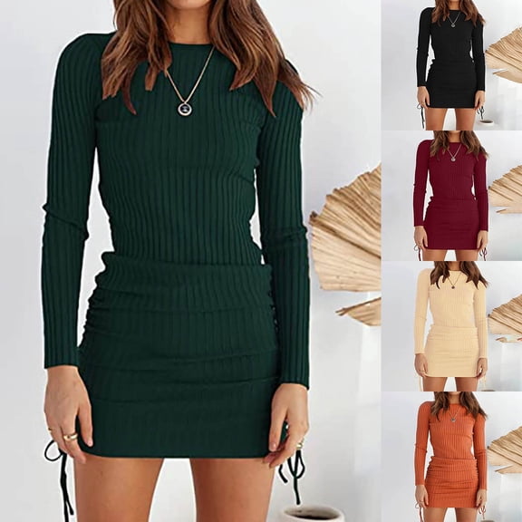 FRSASU Women's Long Sleeve Ribbed Knit Casual Bodycon Mini Dress Ruched Drawstring Fall Pullover Sweater Dresses Wine