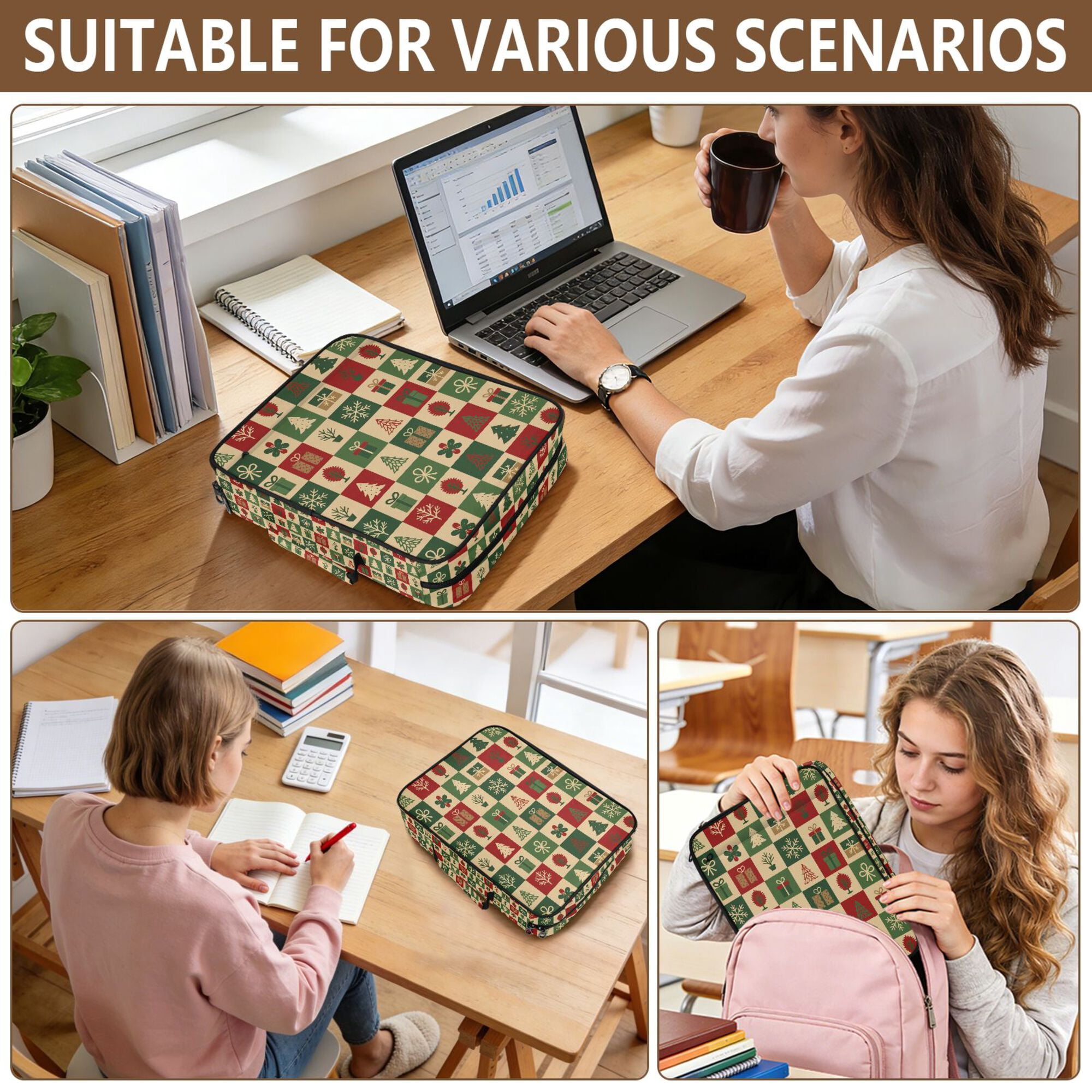 FORMRS Accordion File Folder A4 Size 7-Pocket Expanding Document Organizer Bag with 3 Ring Binder, Christmas Plaid Pattern