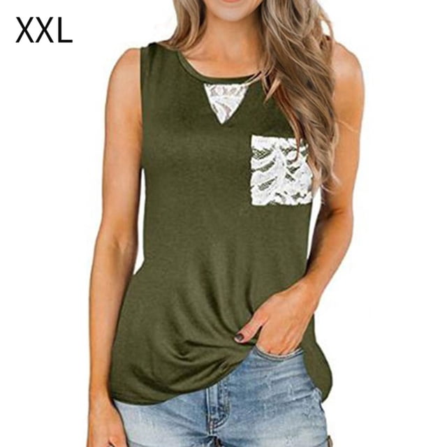 Camiseta Mujer Sin Mangas Tank Top Pocket Camiseta De Algodón, Encaje, Verde, XXL Vogacara AP001700-10
