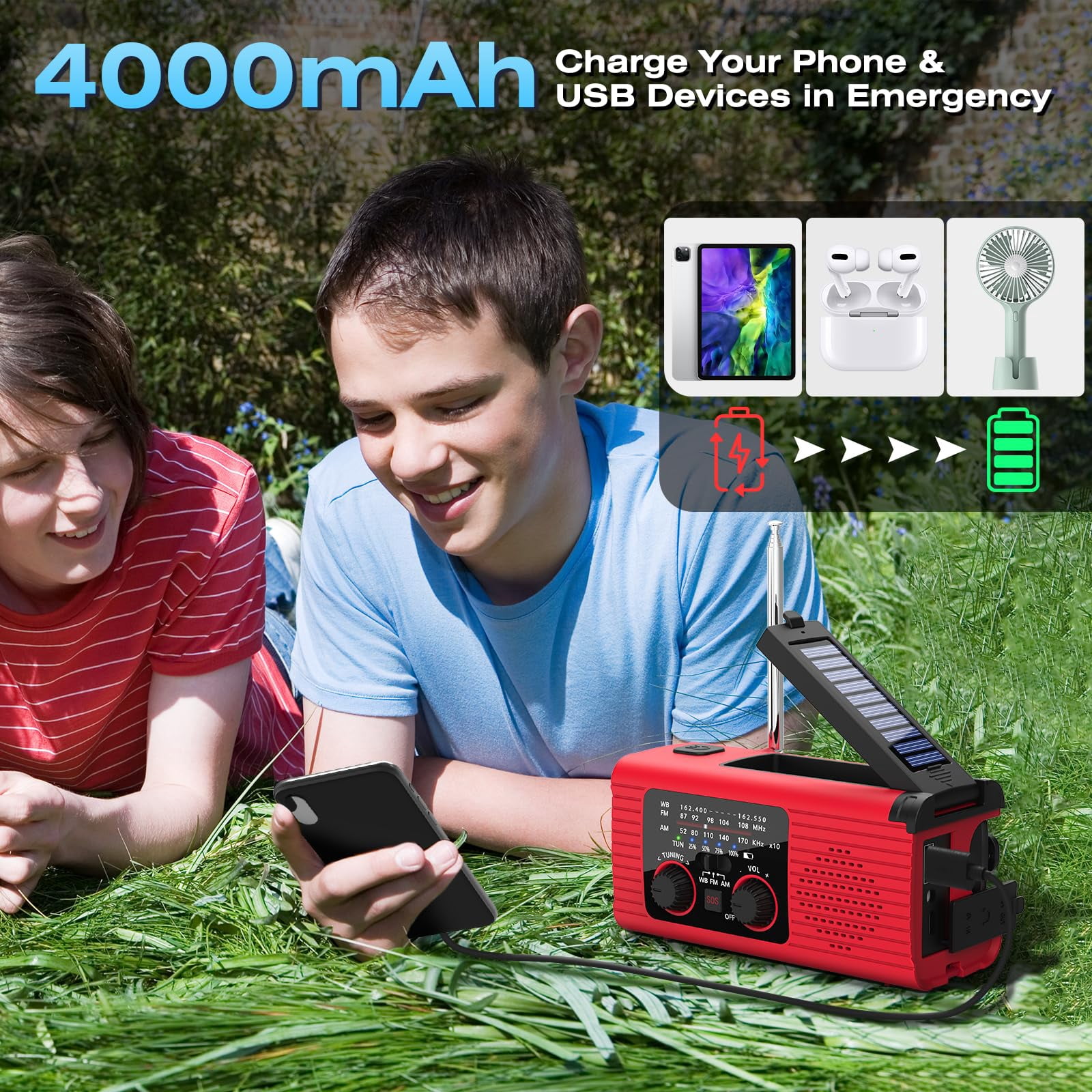 Emergency Weather Radio  4000mah Noaa Alert Solar Charging Hand Crank & Usb Charged Am/fm With Led Flashlight Reading Lamp Sos Alarm Headphone Jack For Outdoor Indoor