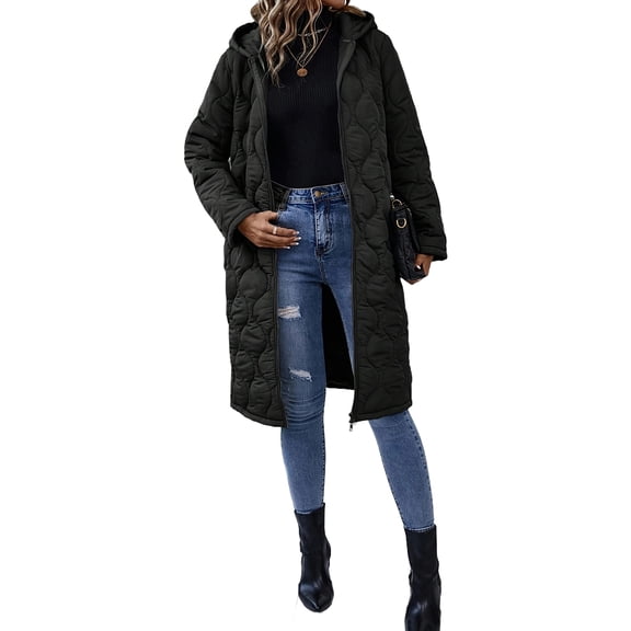 Quixlent Long Quilted Puffer Jacket for Women Casual Lightweight Zip Up Hooded Coat Winter Knee Length Padded Outerwear