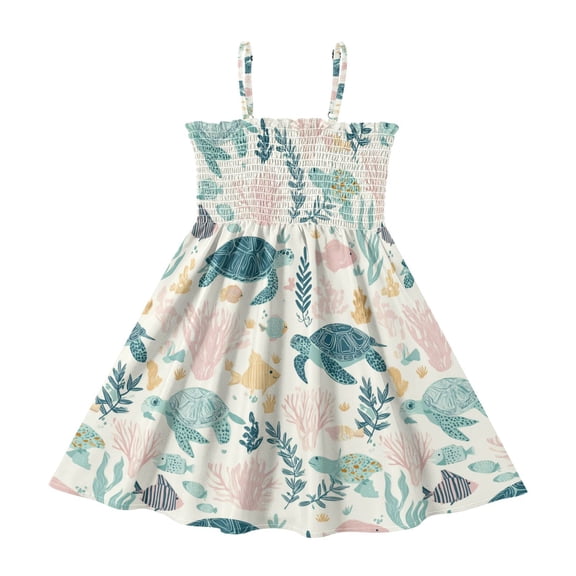Little Girls Sleeveless Sundress Pleated Ruffle Trim Smocked Top Casual Spaghetti Strap Summer Dress Turtles and Sea Plants Pattern 2Y