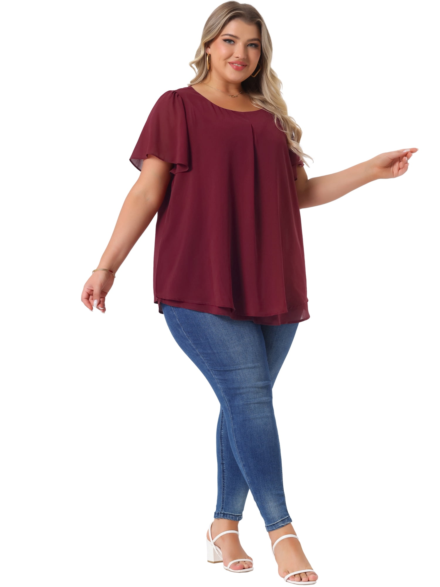 DARING DIVA Women's Plus Chiffon Ruffle Double-Layered Top 4X Burgundy