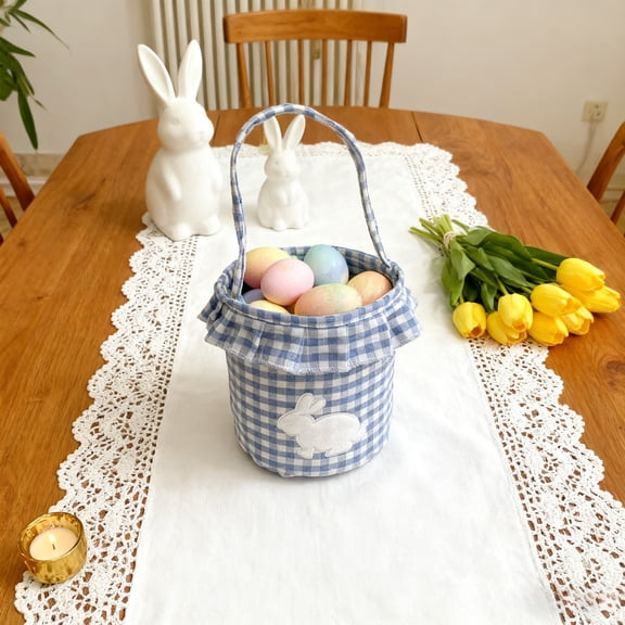 KOYPTL Easter Column Bunny Basket for Toddlers Teens 3 4 6 Years Old,Blue Plaid Canvas Bucket with Handles & Ruffled for Candy Egg Toys Storage Basket Easter Party Holiday Favors Decorations Tote