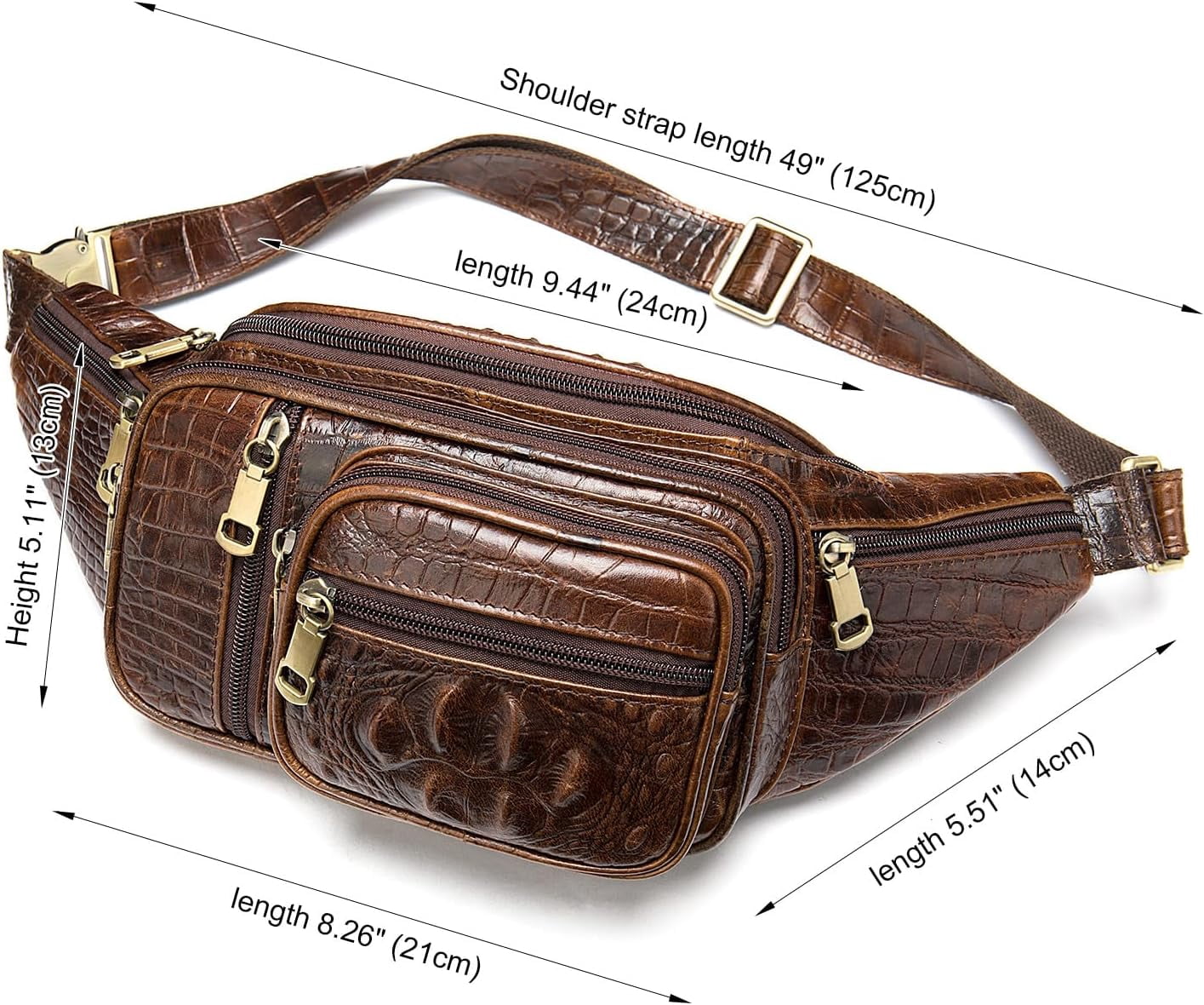 MARRANT Genuine Leather Fanny Pack for Men, Large Capacity Crossbody Waist Bag with Multiple Zipper Pockets, Coffee Croco