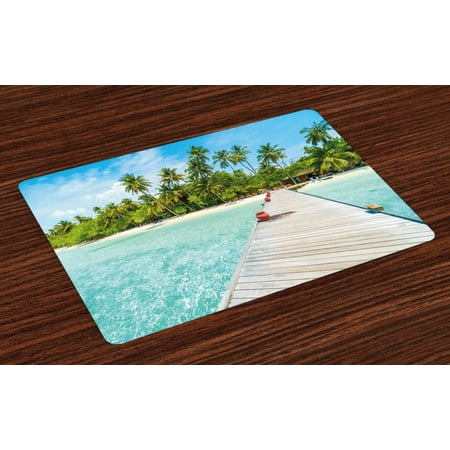 

Tropical Placemats Set of 4 Maldives Island with Beach Wooden Deck Palms Exotic Holiday Picture Washable Fabric Place Mats for Dining Room Kitchen Table Decor Aqua Turquoise Fern Green by Ambesonne