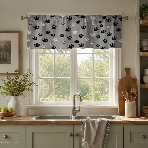 Rdsfhsp Paw Print Window Valance Curtain, Black White Pet Pattern Decorative Rod Pocket Curtain for Kitchen Bedroom Home Decor