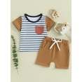 thumbnail image 2 of FEORJGP Toddler Baby Boy Summer Daily Outfits Infant 6M 1T 2T 3T 4T Short Sleeve T-Shirt Crew Neck Shirt Striped Print Tops + Pocket Drawstring Shorts Set Loose Casual 2Pcs Clothes, 2 of 9