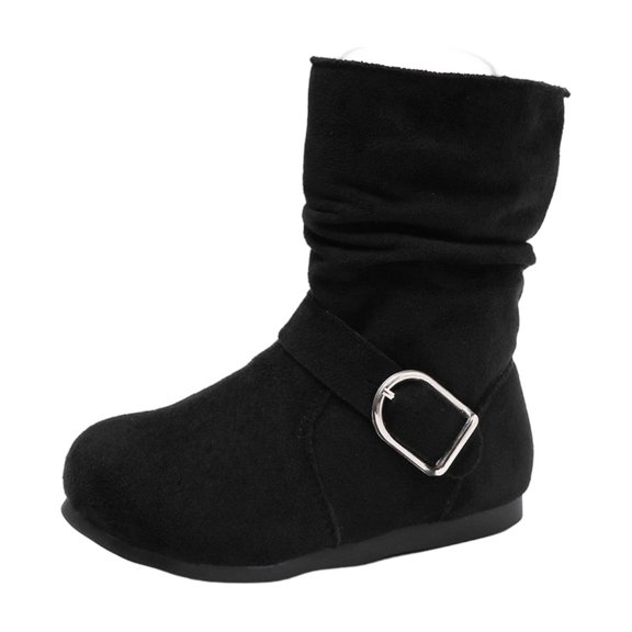 OGLCCG Girls Low Heel Slouch Mid-Calf Boots Suede Casual Warm Winter Boots with Ring Buckle,Faux Fur Lined Size 3-10