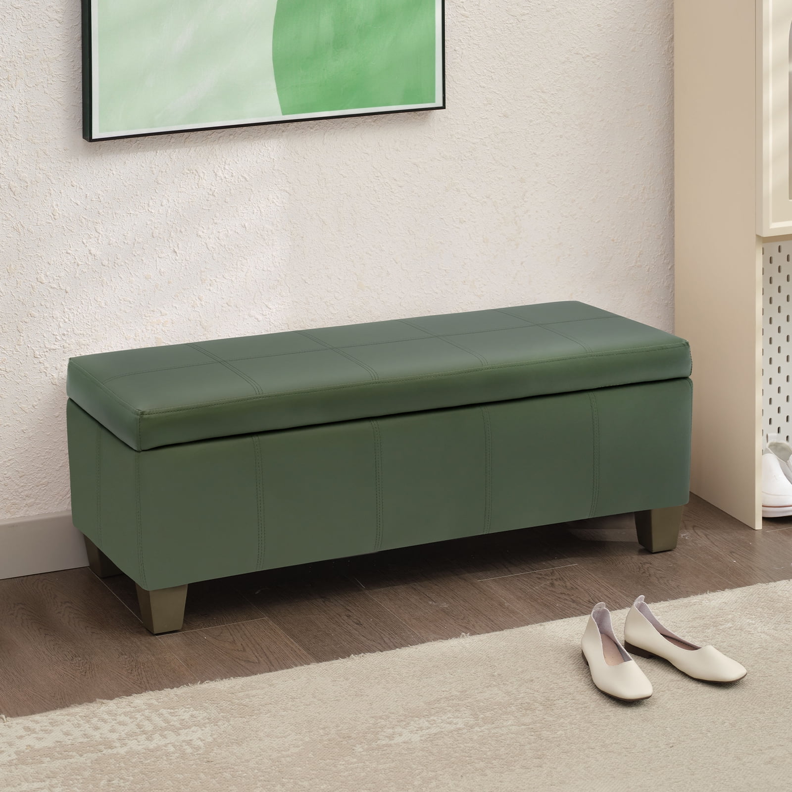 Foredo Rectangle Ottoman with Storage, Modern Faux Leather Bench with Solid Wood Legs, Ottoman for Living Room, Bedroom and Entryway, Green
