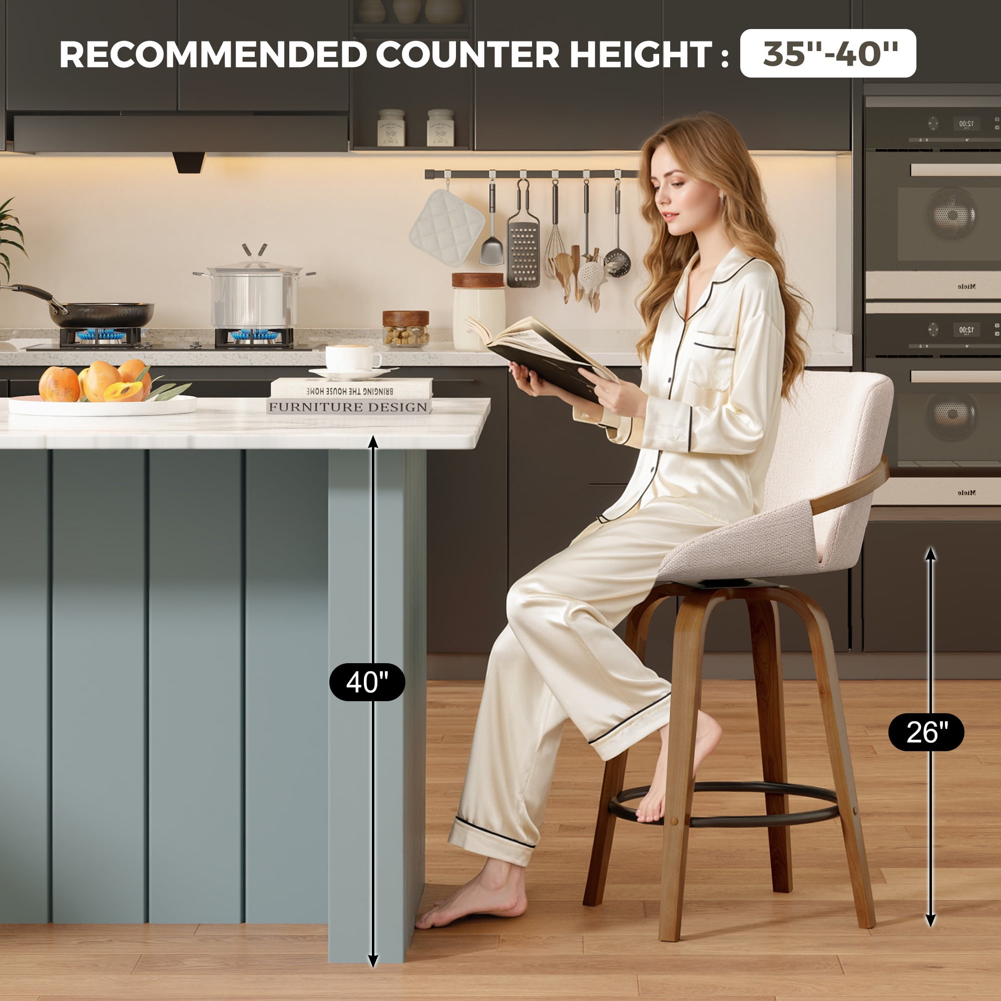 JULY'S SONG 26" Swivel Counter Height Bar Stools with Back Sets of 4, Mid Century Barstools with Wooden Legs, Beige