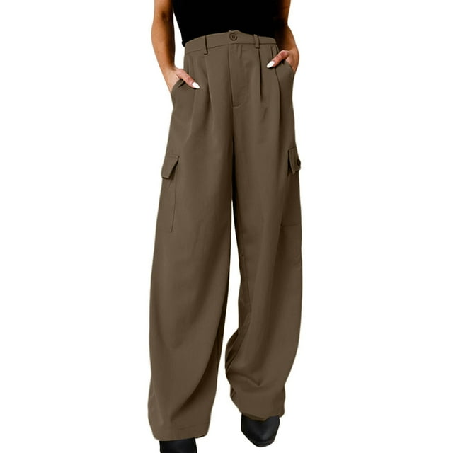 Pantalones cargo anchos lisos para mujer: cintura elástica, corte holgado, tejido de poliéster, adorno de botones, aptos para primavera/verano/otoño, ropa informal y para actividades al aire libre