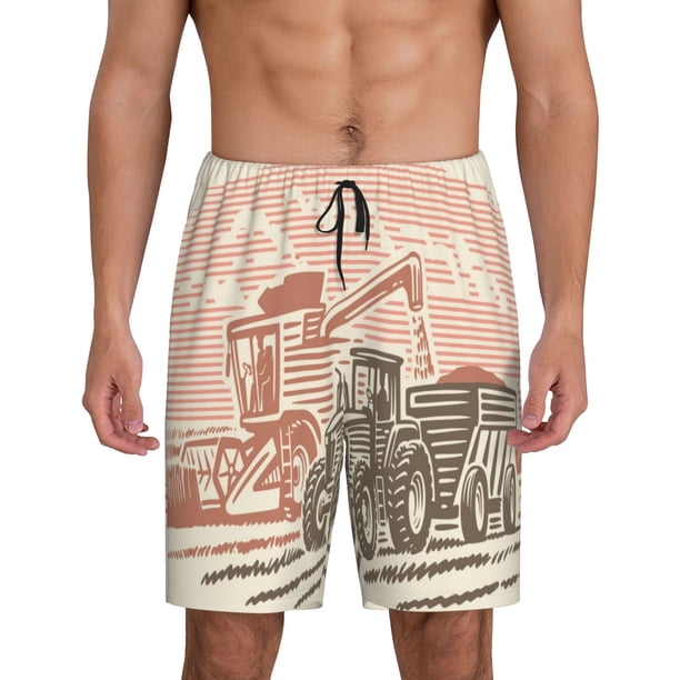 Balery Combine harvester working with tractor Pantalones cortos de pijama de punto de algodón para hombre con cinturilla y bolsillos-X-Large
