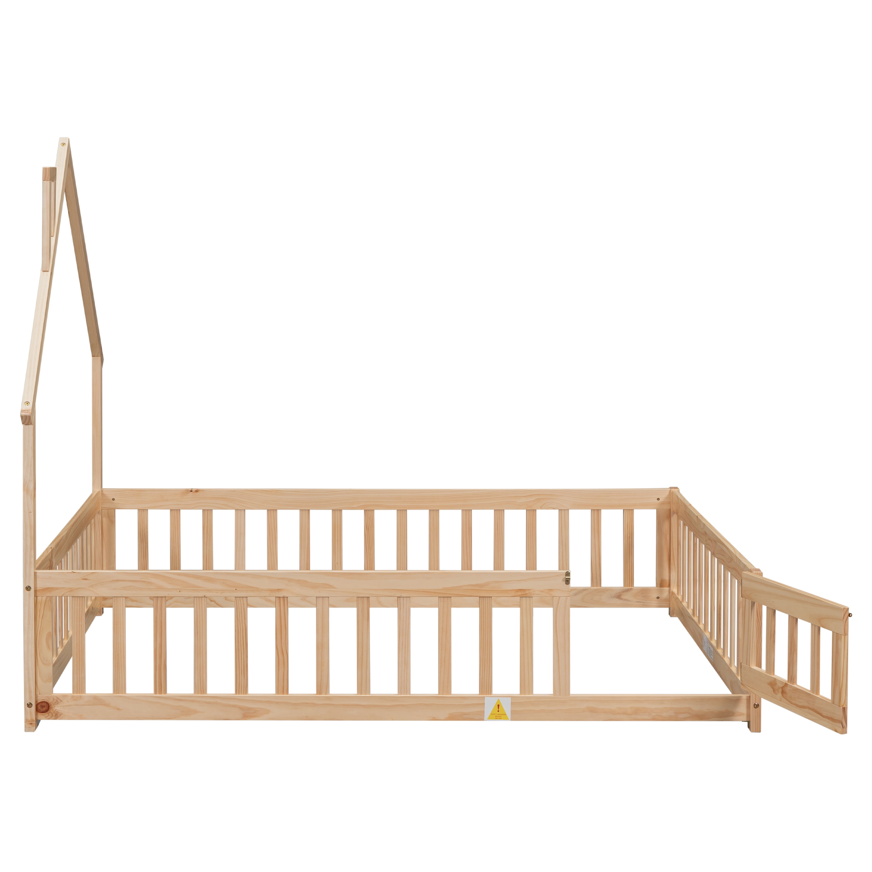 PORKISS Full Size House Platform Bed for Kids with House-Shaped Headboard, Low Floor Bed with Guardrails Fence, Natural