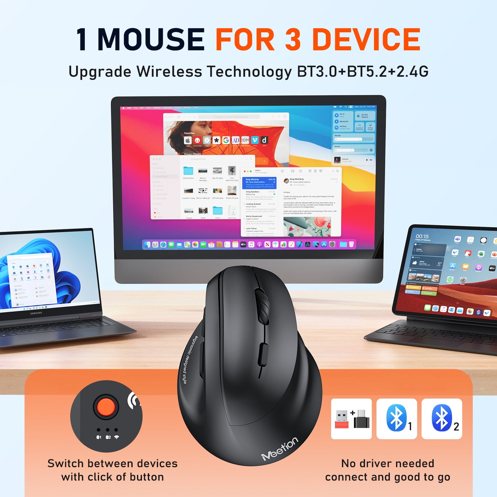MEETION Wireless Mouse, Vertical Ergonomic Design, Rechargeable via Type-C, Bluetooth & 2.4G, Large Comfort Grip, Black
