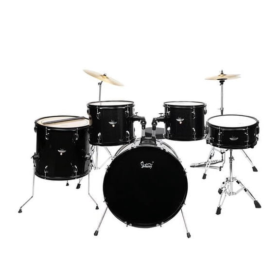 SALE CLEARANCE Glarry Full Size Adult Drum Set 5-Piece Black with Bass Drum, two Tom Drum, Snare Drum, Floor Tom, 16" Ride Cymbal, 14" Hi-hat Cymbals, Stool, Drum Pedal, Sticks