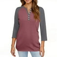 thumbnail image 2 of Pxiakgy 3/4 Length Sleeve Womens Tops Cotton Dressy Button V Neck Henley Shirt Casual Raglan Shirts Color Block Tunic Blouses Loose Fit Three Quarter Sleeve Tops Woman Printed V Neck T Shirt Wine M, 2 of 5