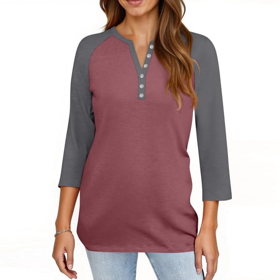 HLKJKLS Long Sleeve Shirts For Women Summer Printed 3/4 Sleeves Button Blouse V Neck Casual Loose Fit Polyester Spandex Top Red S-3Xl