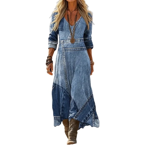 Quixlent Denim Print Maxi Dress for Women, Casual Long Sleeve V Neck Long Dress, Summer Loose A-line Flowy Vacation Dress