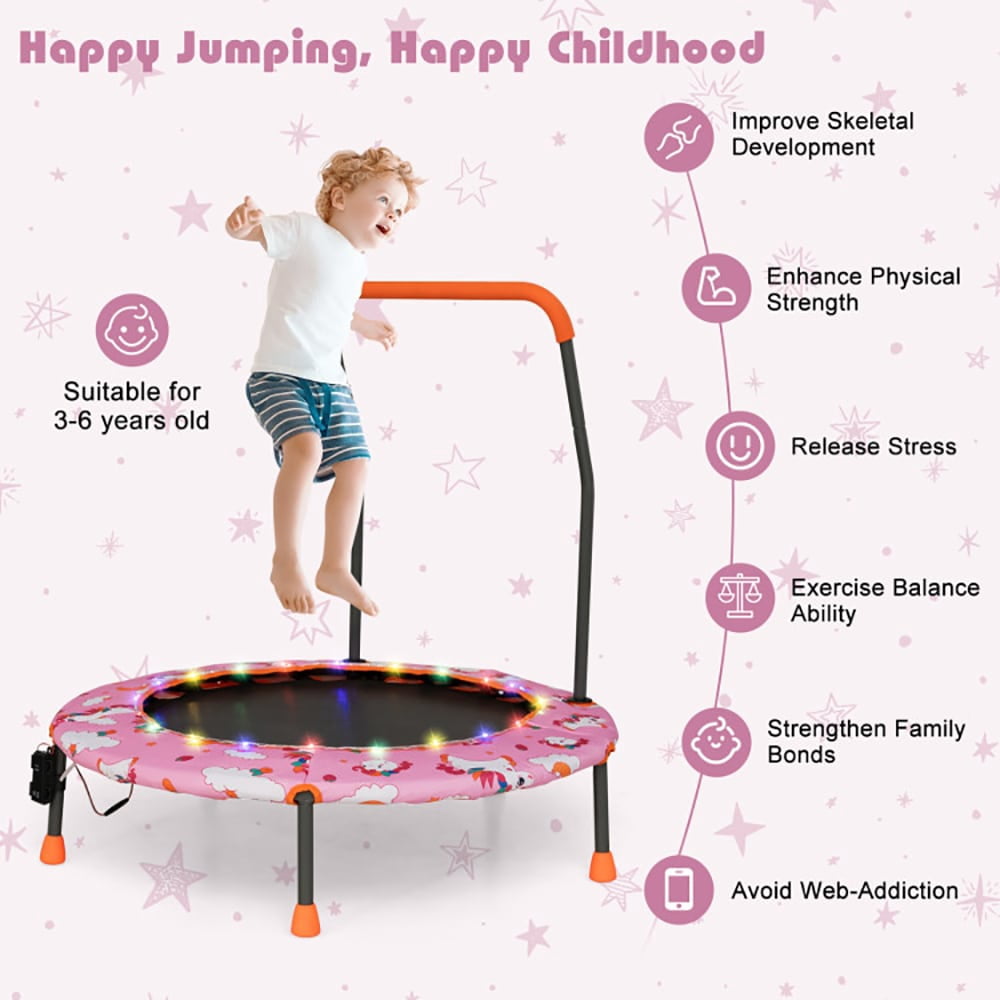 Spaco 36 Inch Mini Trampoline with Colorful LED Lights and Bluetooth Speaker-Pink, Bounce Trampoline for Outdoor as Garden, Park