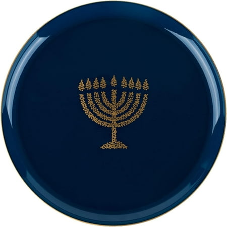 EcoQuality 6.3" inch Round Plastic Plates Blue Hanukkah Dessert Plates with Gold Glitter Stamp Chanukah Menorah Design Hanukkah Party Disposable Salad China Like (90 Pack)