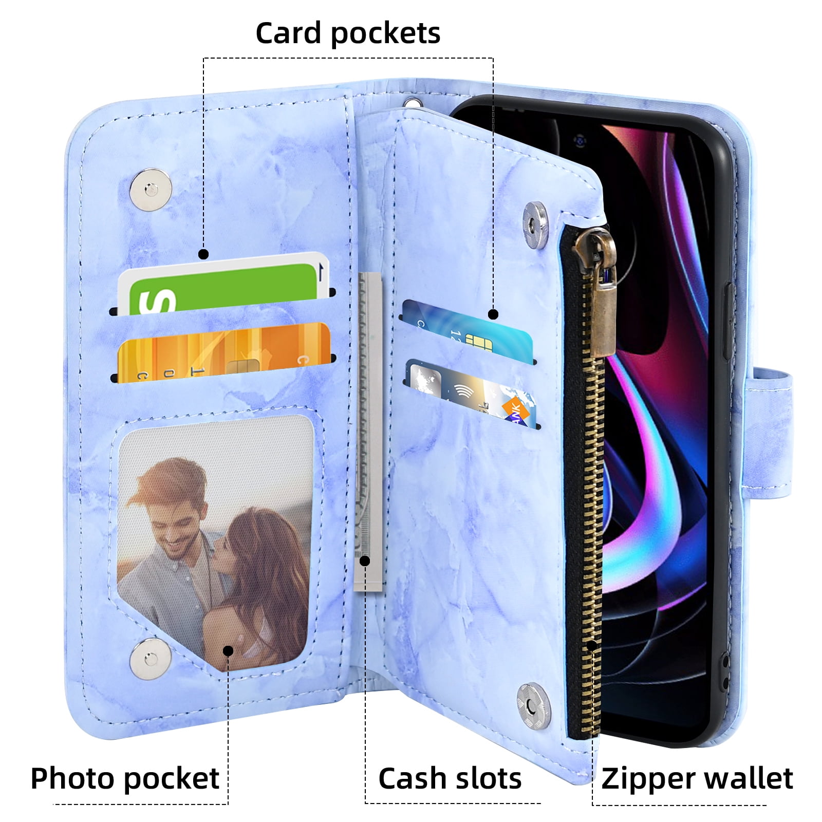 Compatible with Motorola Moto Edge 2021/MotoEdge 5G UW 2021 Wallet Phone Case and Tempered Glass Screen Protector Marble Faux Leather Flip Credit Card Holder Stand Zipper Cell Cover for XT2141-1 Blue