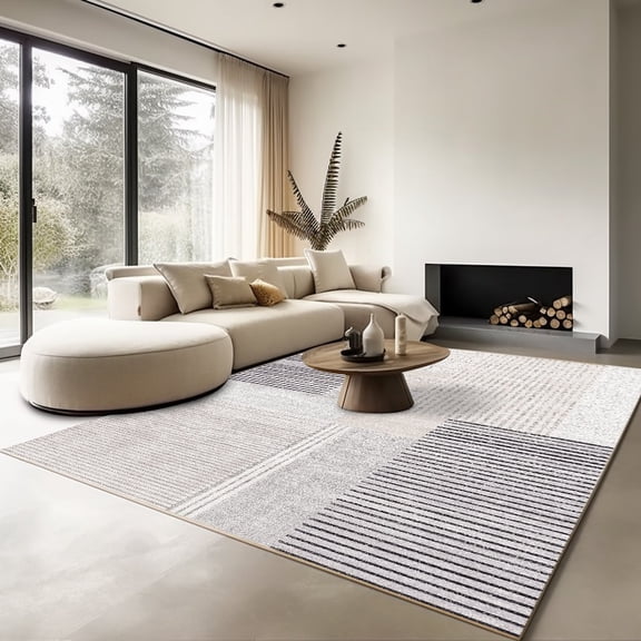 EverBrioly Modern Geometric Black White Gray Area Rug, Striped Low Pile Non-Slip Carpet, Soft Stain-Resistant Decorative Rug for Living Room Bedroom Dining Room Farmhouse