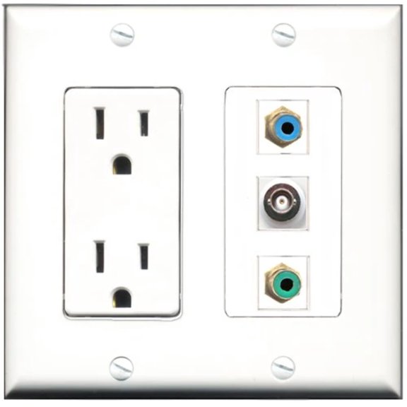RiteAV - 15 Amp Power Outlet 1 Port RCA Green 1 Port RCA Blue 1 Port BNC Decorative Wall Plate
