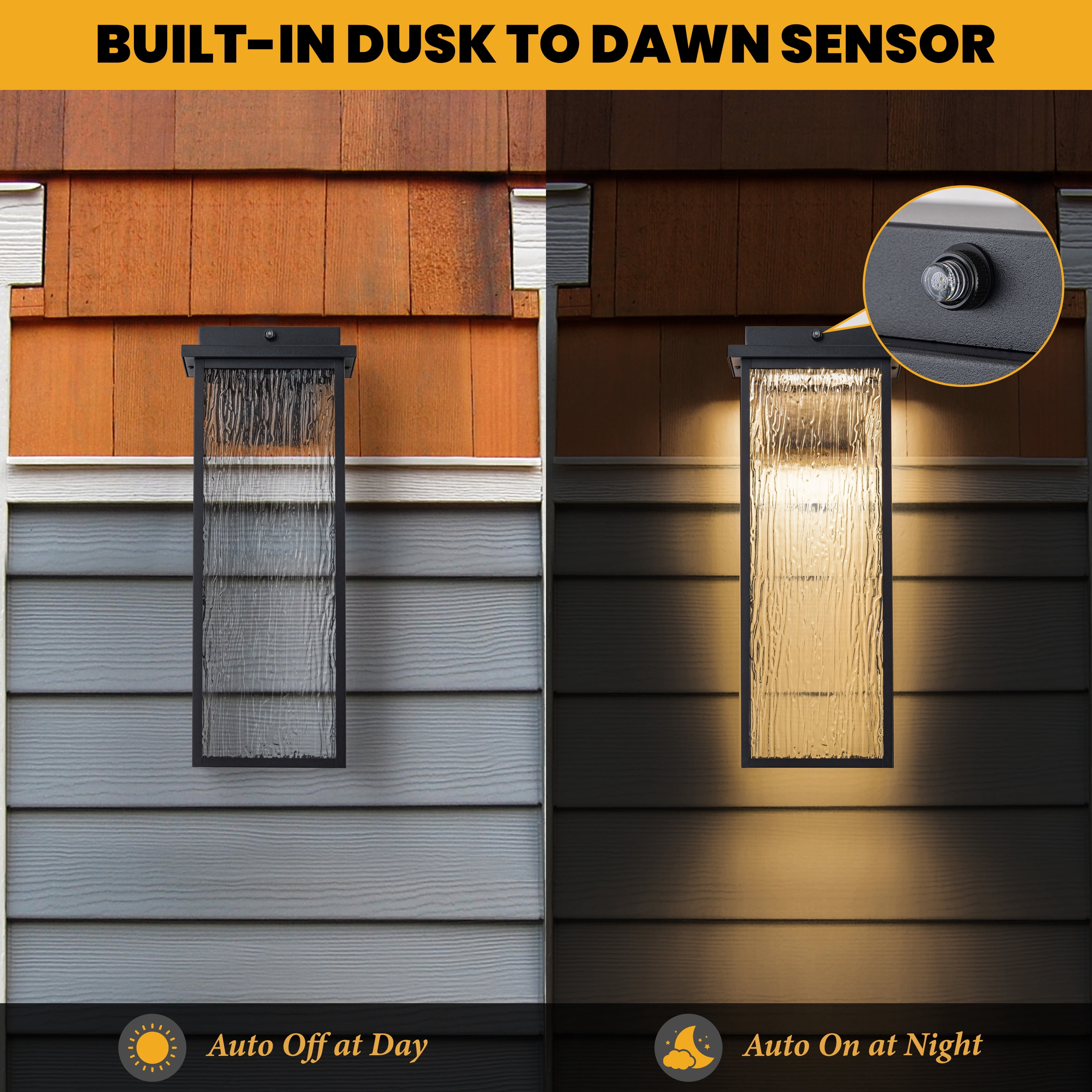 C Cattleya Matte Black Dusk to Dawn LED Outdoor Wall Light with Ripple Tempered Glass Shade(2-Pack)
