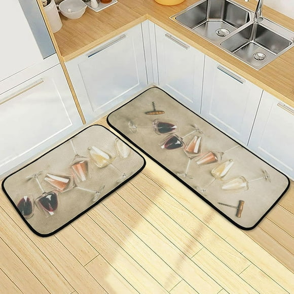 Retro Wine Glasses Kitchen Rugs 2 Pieces, Wine Opener Floor Mat Room Area Rug Washable Carpet Perfect for Living Room Bedroom Entryway