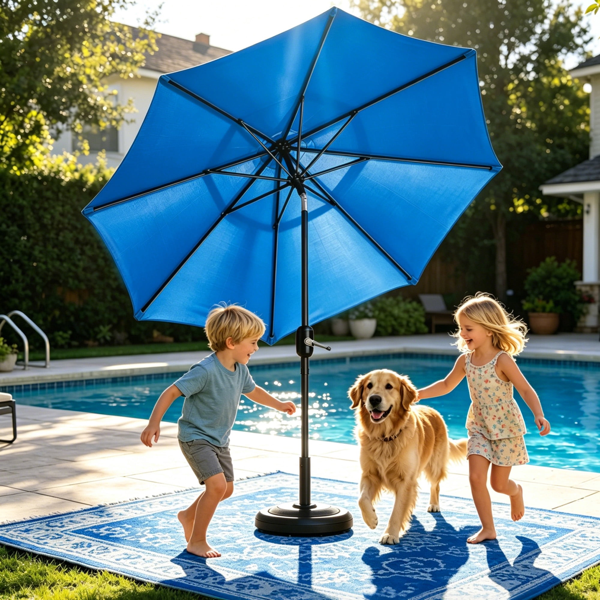 Kool 9 ft Outdoor Patio Market Umbrella with Push Button Tilt and Crank Handle, 8 Steel Ribs, Blue