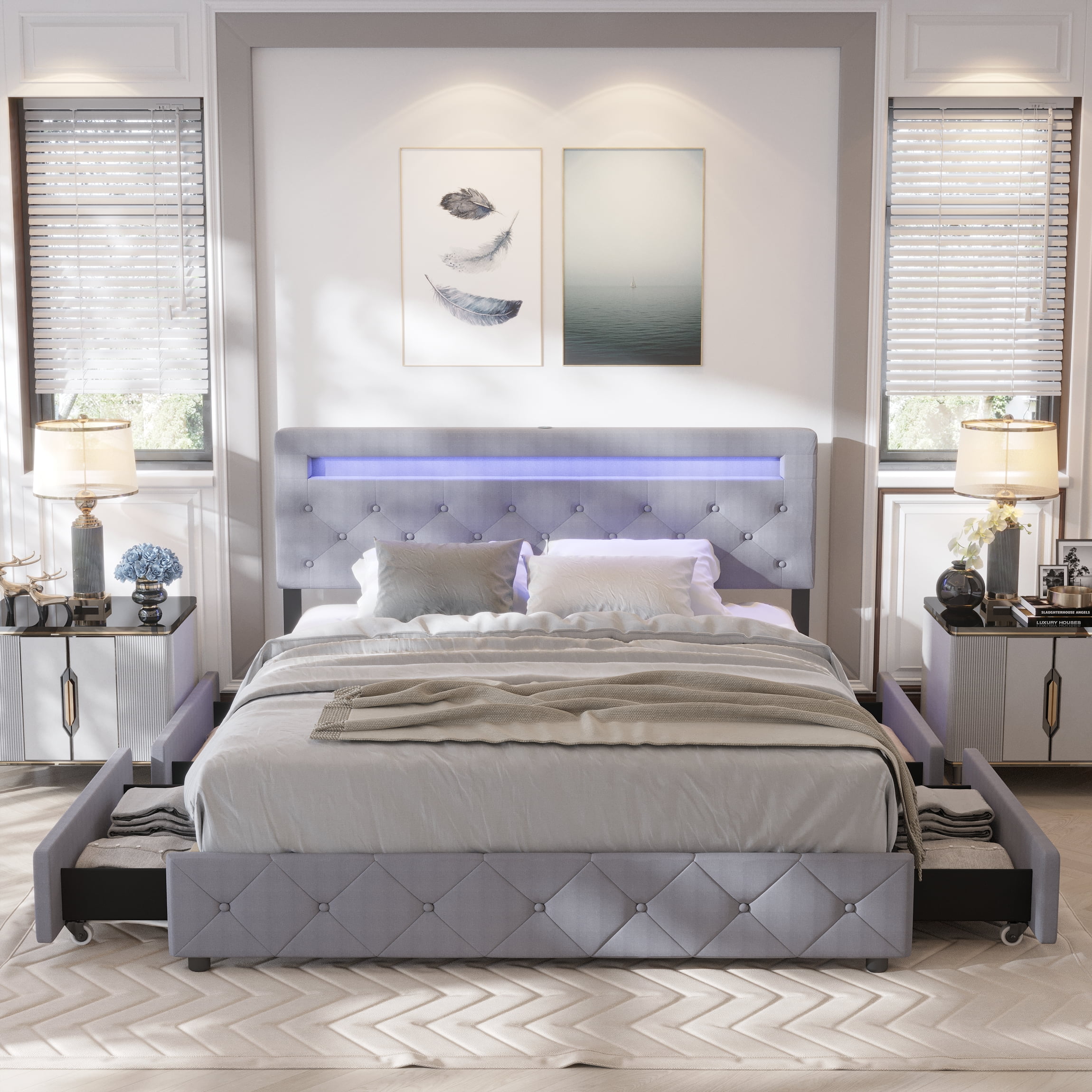Full Size Bed Frame with LED Light Headboard, Platform Bed (Light Grey-Full), Wood - Walmart.com