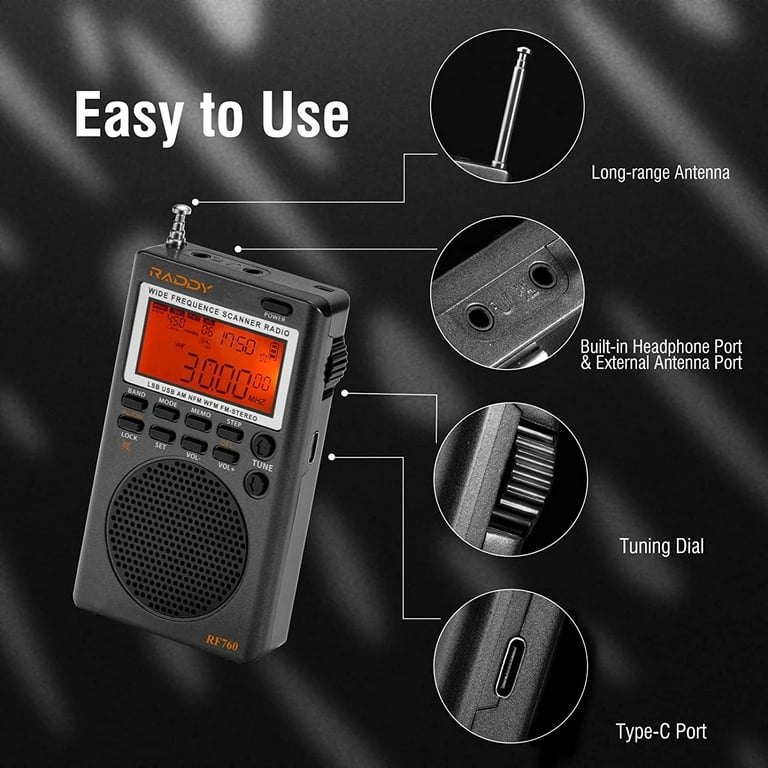  Raddy RF760 Receptor de radio portátil SSB de onda corta con  alerta NOAA, banda completa AM/FM/SW/CB/VHF/UHF/WX/AIR, funciona con pilas,  radio digital recargable con conector para auriculares y antena :  Electrónica